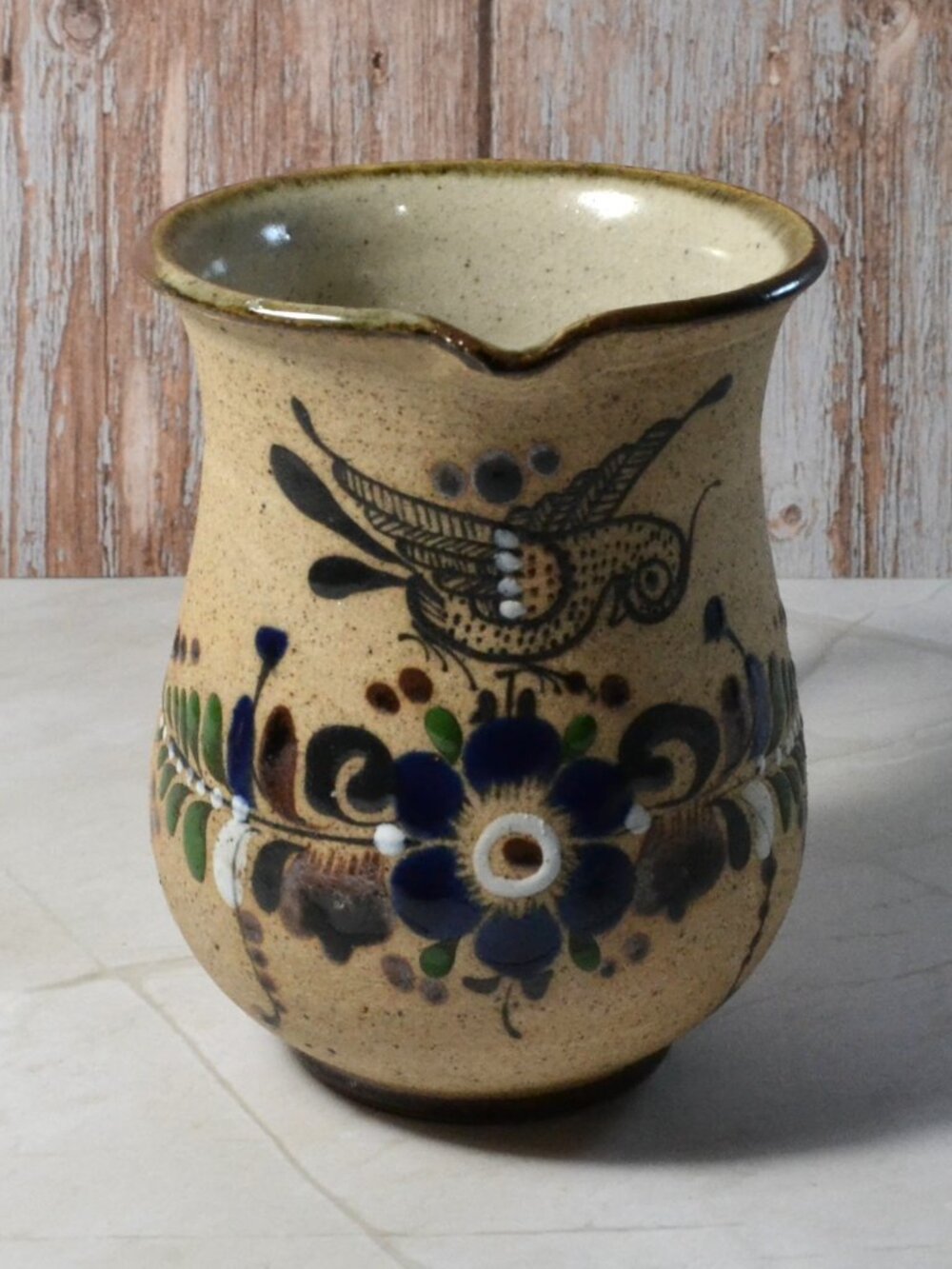 Vintage Mexican Tonala Style Pottery Pitcher Bird Floral Folk Art